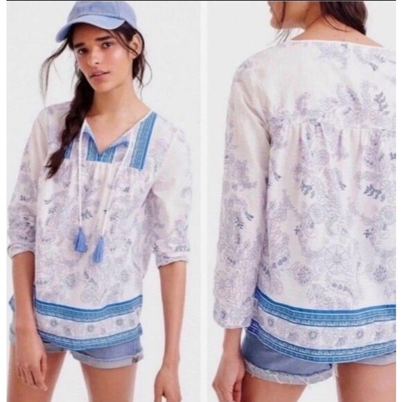 Point Sur J Crew Blue Boho Peasant Blouse Size Large White Long Sleeve Lurex - Picture 1 of 8